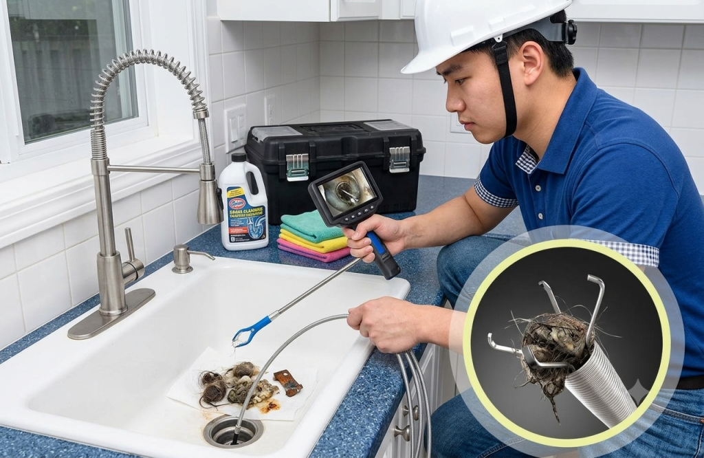 Video Camera Inspection in Bathroom Sink Drain