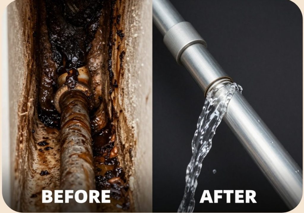pipe clogs cleared using Hydrojetting technique